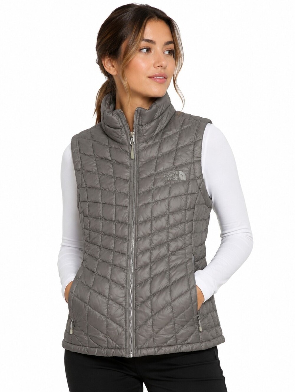 The North Face Women Gray ThermoBall Quilted Full Zip Insulated Vest - XS